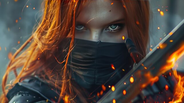 Fantasy fighting woman assassin holds in hands burning daggers