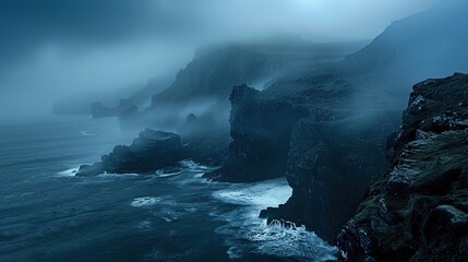 Heavy blue fog mist over seashore cliffs, seascape, dark, moody, melancholy, background, Celtic, Ireland