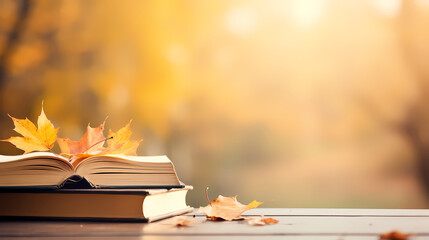 A stack of books with an autumn leaf on it