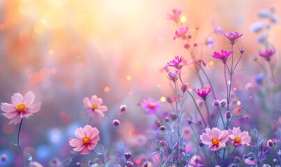 Beautiful colorful meadow of wild flowers with sunset and blurred background, soft pastel magical nature. Perfect for backgrounds, posters, and nature-themed designs.