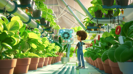 Cartoon character farmer working with smart robot in organic vegetable sustainable farming. Plant cultivation for future food. Generative AI