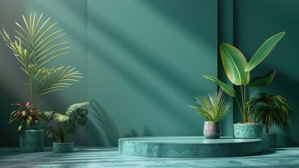 Variety of potted plants arranged stylishly in room with green walls and shadows