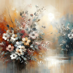 Abstract, with metal elements, texture background, flowers, and plants in it, Modern art