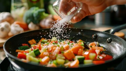 A hand sprinkling co sea salt over a sizzling pan of vegetables highlighting the use of simple flavorful ingredients in the recipes found in these cookbooks..