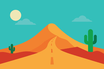 Illustration of a view of desert mountains sky and Cactus On both sides of a small road vector