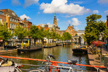 Scenic view of canals,boats and ancient buildings of Dutch city of Leiden, province of South Holland