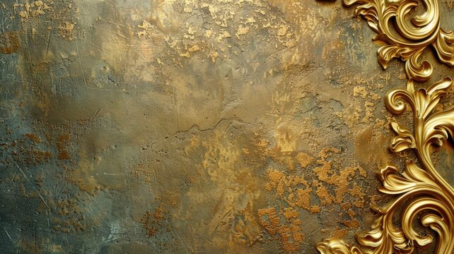 Luxurious gold scrollwork on textured, aged metallic background