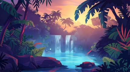 Cartoon tropical jungle forest swamp or lake landscape isolation background, Illustration