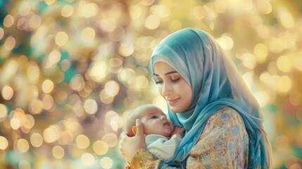 Portrait of a muslim mother in hijab with her cute baby child on a blurred background.