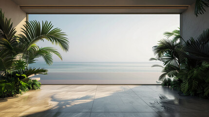 A large open space with a view of the ocean and palm trees. The space is empty and has a calm and serene atmosphere