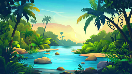 Obraz premium Cartoon tropical jungle forest swamp or lake landscape isolation background, Illustration