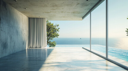 A large, empty room with a large window overlooking the ocean. The room is made of concrete and has a modern design