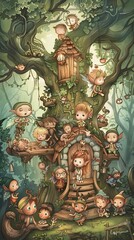 Fototapeta premium Whimsical Woodland Scene with Mischievous Fantasy Sprites and Creatures