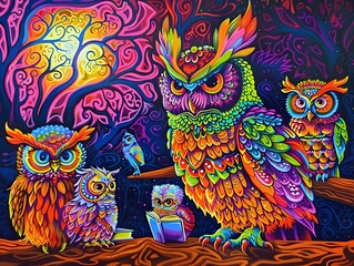 Wise Owls Imparting Esoteric Knowledge to Curious Students in Vibrant Psychedelic Surreal Art