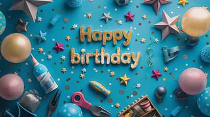 Happy birthday party background with text and colorful tools, top view.