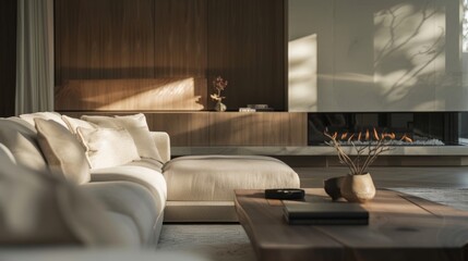 Naklejka premium The sleek and contemporary fireplace adds warmth and charm to this otherwise neutral and minimalist living room. 2d flat cartoon.