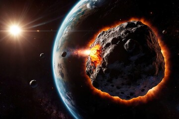 Impact of asteroid meteor comet collision explosion over planet Earth