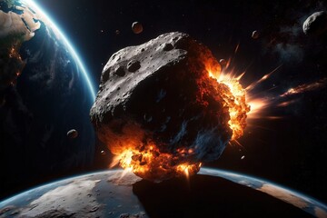 Impact of asteroid meteor comet collision explosion over planet Earth