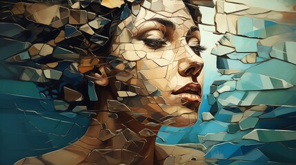 Creative digital artwork of a surreal self composed of fragmented mirror pieces reflecting various aspects of personality suitable for personal growth workshops or cover art