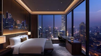 interior of a luxury hotel room with a panoramic view of a bustling city, symbolizing business travel accommodation