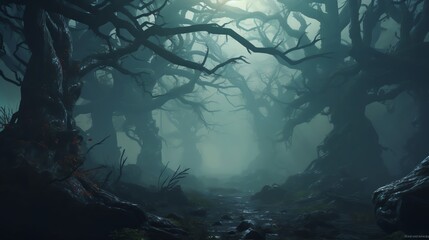 Mystical 3D forest landscape in fog with ancient trees and subtle light filtering through the mist ideal for fantasy settings or mysterious game levels