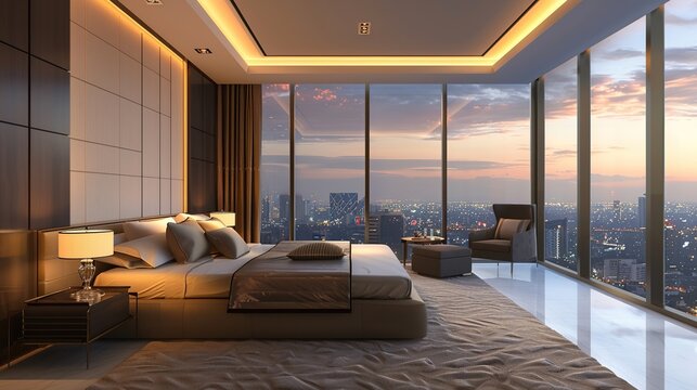 interior of a luxury hotel room with a panoramic view of a bustling city, symbolizing business travel accommodation