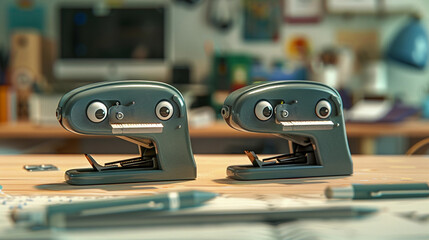 Collection of two staplers on a desk, one with googly eyes challenging the other to a staple-off - obrazy, fototapety, plakaty