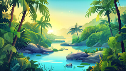 Cartoon tropical jungle forest swamp or lake landscape isolation background, Illustration