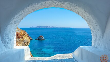 An arched gateway overlooking the Aegean Sea in Oia