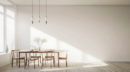A white room with a wooden table and chairs