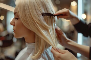 Fototapeta premium Hairstylist trimming hair of the customer in a beauty salon