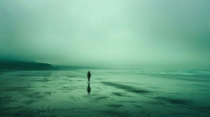 Lone figure person walking alone on isolated foogy misty beach ocean seashore, moody, green tint, background, Celtic, Ireland