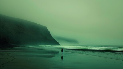 Lone figure person walking alone on isolated foogy misty beach ocean seashore, moody, green tint,...