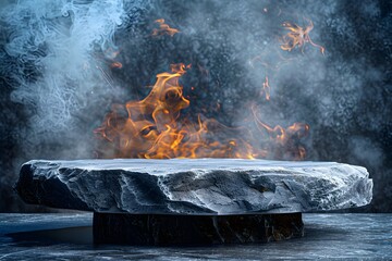 Natural Shape Stone Podium Highlighted by Flames Backdrop - Empty Pedestal for Product Display