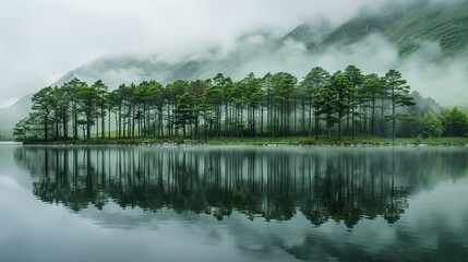 Line of green trees reflected in clear lake water, white mist fog, green landscape, magical,...