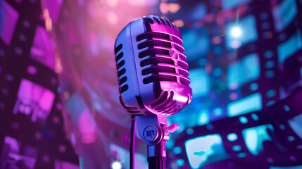 A microphone is in the center of a colorful background with a lot of lines and dots. The microphone is surrounded by a lot of film strips, which gives the impression of a recording studio