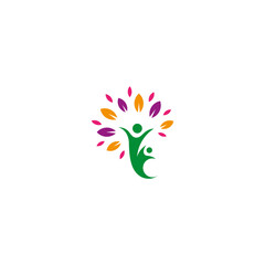Family health care logo with tree and person shape in green flat design style