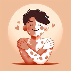 illustration of A cartoon one man with vitiligo on his skin is smiling and hugging himself