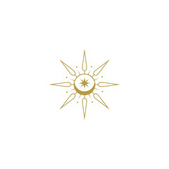 Sun, moon and stars logo in elegant gold color flat design style