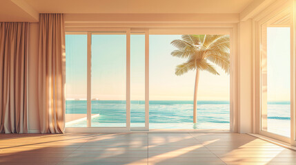 A large window in a room with a view of the ocean and a palm tree. The room is empty and the curtains are drawn