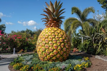 Large pineapple in a lush tropical garden setting.