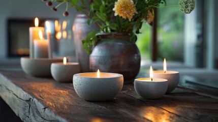 The candles seem to float effortlessly in the sy and stylish concrete holders casting a serene and tranquil ambiance. 2d flat cartoon.
