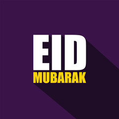 Eid Mubarak modern Typography with a long shadow on purple background to celebrate Muslim greeting holiday. Eid ul-Fitr, Eid al Adha. Islamic Religious holiday greeting card.