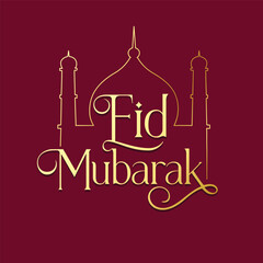 Eid Mubarak Typography and calligraphy for Muslim greeting holiday. Eid ul-Fitr, Eid al Adha. Islamic Religious holiday greeting card. Golden color Eid logo with line art mosque on elegant background.
