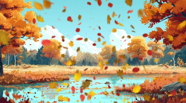 Autumn Tranquility: At the edge of the lake, golden leaves gently fall from the trees, painting the water's surface with Seamless looping 4k time-lapse virtual video animation background. Generated AI