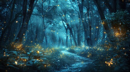 Beautiful fantasy forest with glowing fireflies night. Generate AI image
