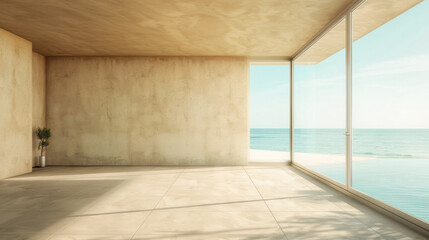 A large empty room with a window overlooking the ocean. The room is bare and empty, with no furniture or decorations. The window provides a view of the water, which creates a sense of calm