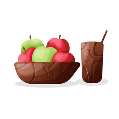 morning breakfast, healthy breakfast, apple with tea, wooden glass and wooden bowl