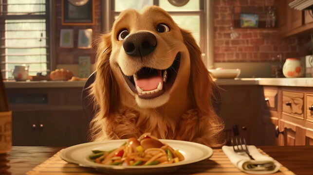A golden retriever smiles while sitting at the dinner table, with food on his plate. In the style of cute animated movie stills.