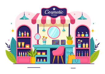 Cosmetics Store Vector Illustration with Girl Skincare, Cosmetic, Perfume, Makeup and Beauty Products Choice in in Flat Cartoon Background
